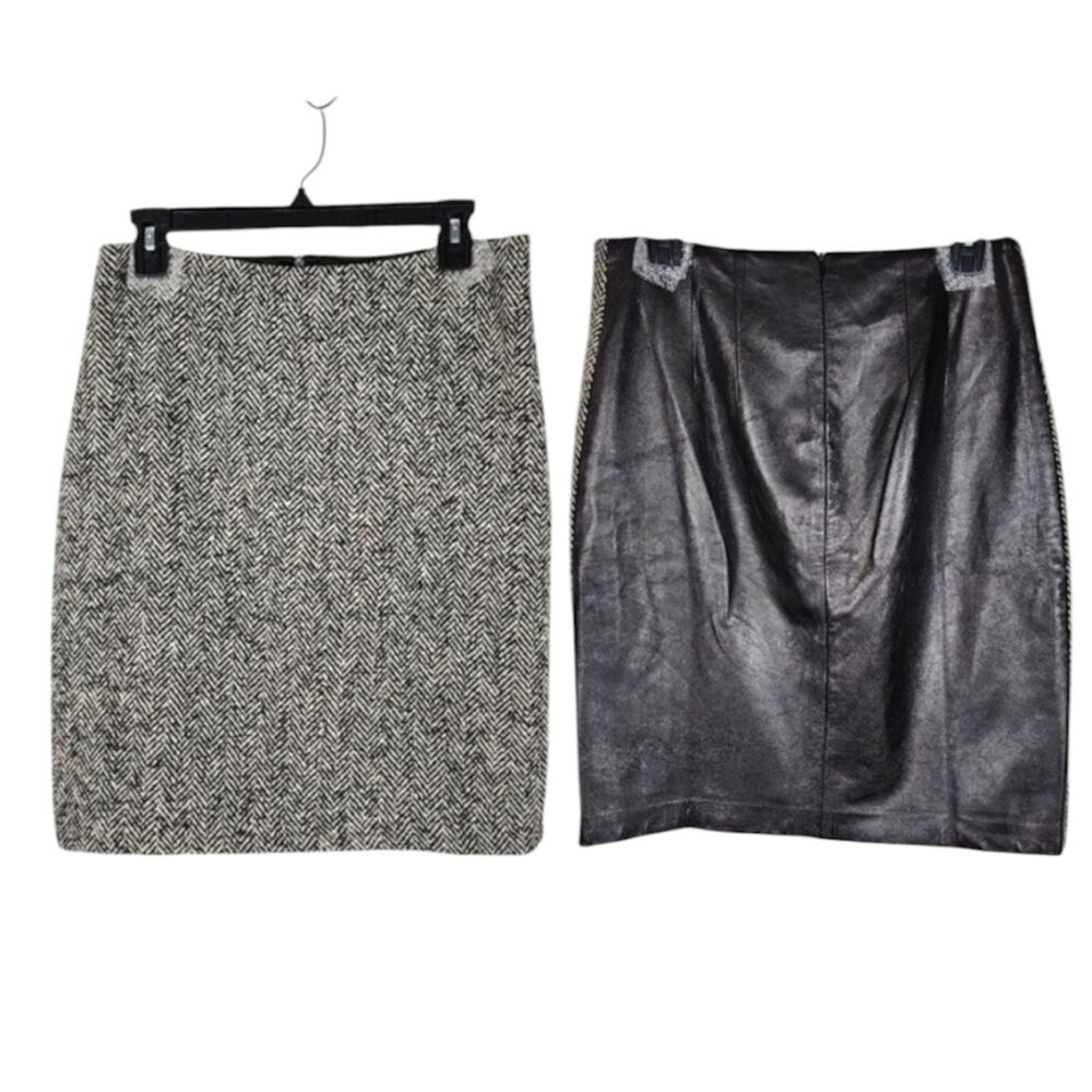 Vintage Laundry Shelli Segal Leather Wool Skirt 6 Herringbone Mixed Media 90s - Picture 3 of 15